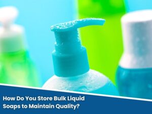 A close-up of a blue liquid soap bottle with a pump dispenser, demonstrating best practices for bulk liquid soap storage.