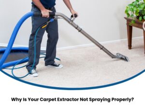 Technician using machine with blue hoses on beige carpet, showing carpet extractor not spraying properly during cleaning.