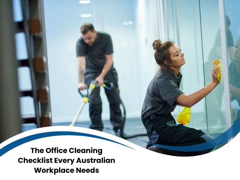 Cleaners using office cleaning items like spray bottles, cloths, and vacuums in a professional workspace.