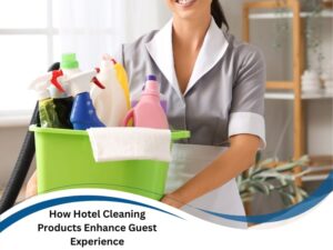 Hotel staff holding bucket of colorful hotel cleaning products and spray bottles to improve guest experience.