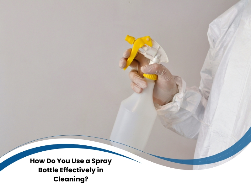 Cleaner in protective suit using a trigger sprayer, showing practical spray bottle uses in cleaning tasks.