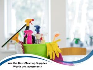 Bucket filled with the best cleaning supplies including sprays, gloves, brushes and squeegee