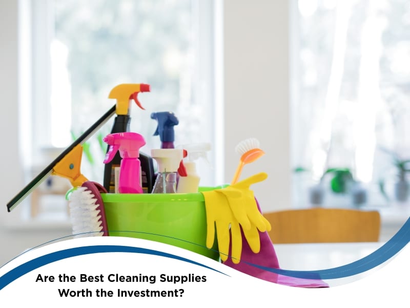 Bucket filled with the best cleaning supplies including sprays, gloves, brushes and squeegee