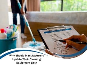 Person reviewing a cleaning equipment list on a clipboard while another uses a mop in a room.
