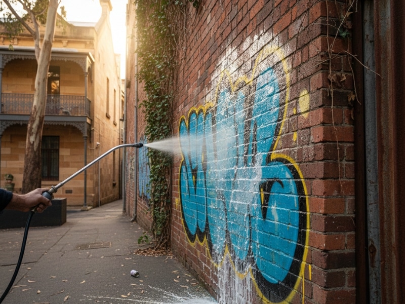 Professional graffiti remover chemical being used on brick wall in Australia