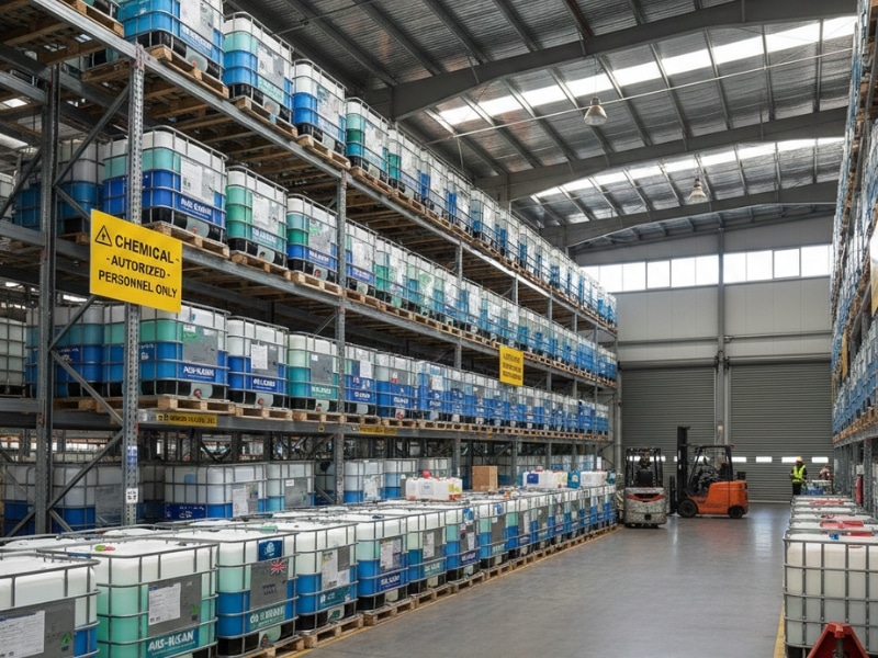 Bulk cleaning chemicals for commercial use in Australia stored in industrial containers