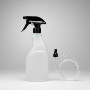 Refillable HDPE spray bottle with trigger sprayer parts shown for chemical compatibility and safe use