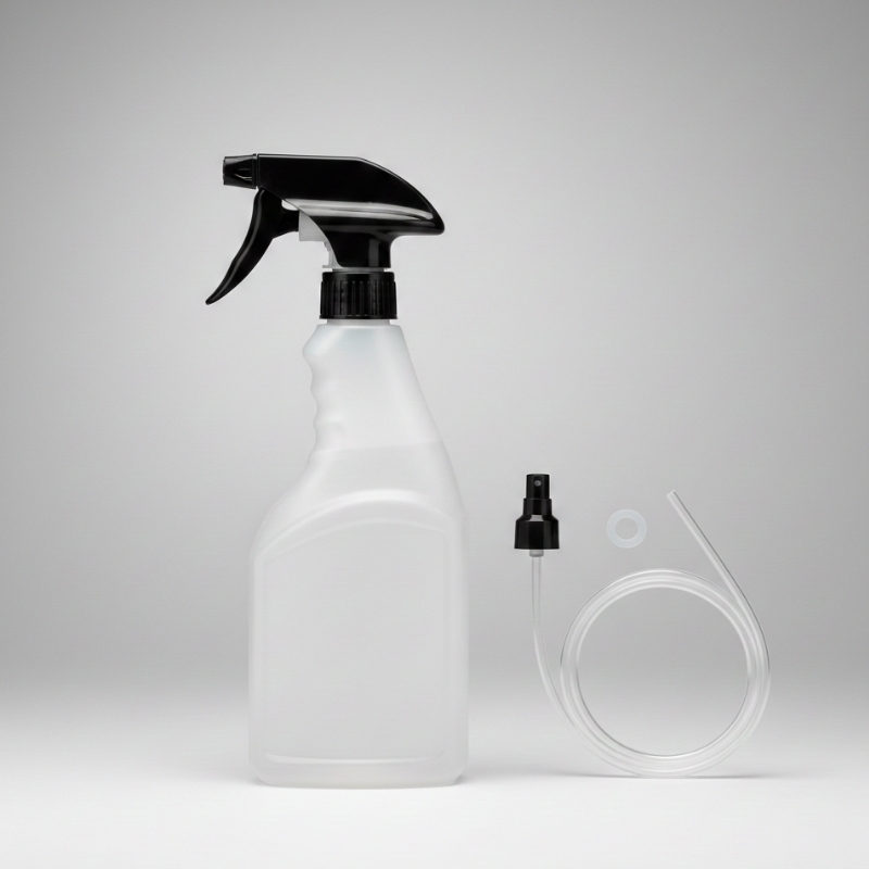 Refillable HDPE spray bottle with trigger sprayer parts shown for chemical compatibility and safe use