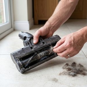 Person inspecting a vacuum floorhead and brush roll for wear and hair wrap to choose a durable model.