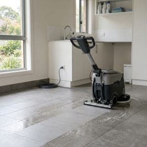 Electric auto scrubber drying a tiled floor to reduce slip risk after cleaning.