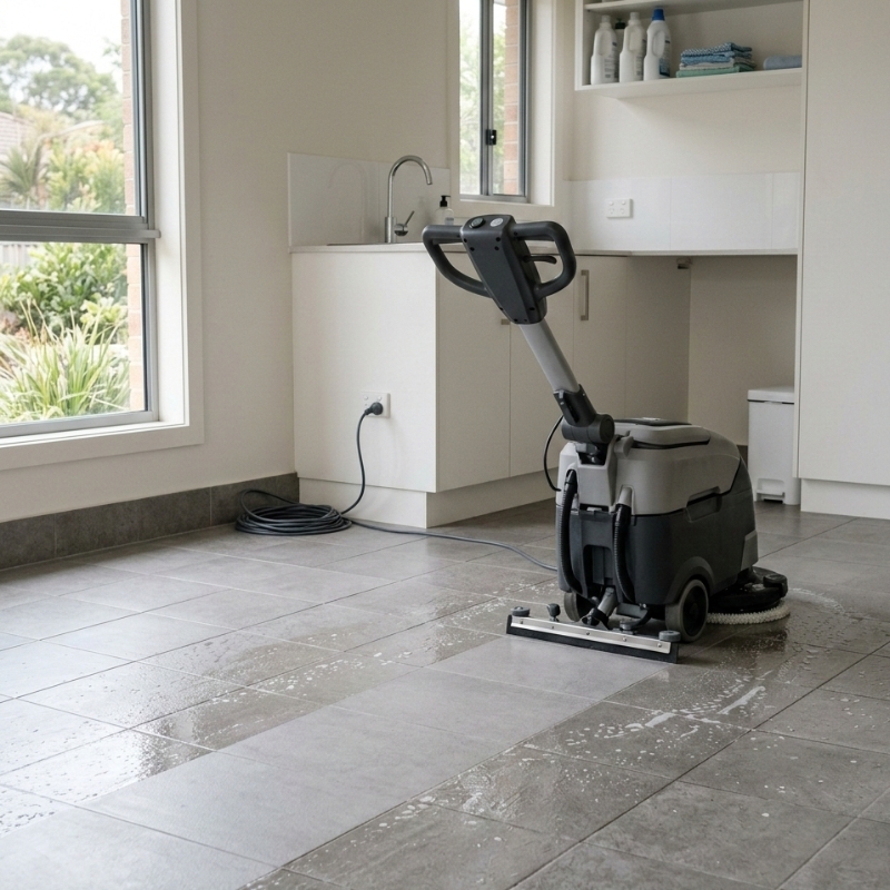 Electric auto scrubber drying a tiled floor to reduce slip risk after cleaning.