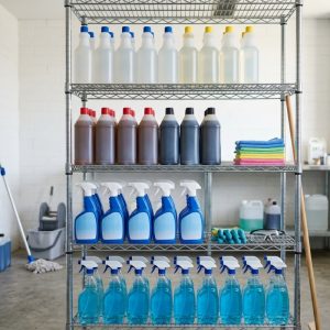 Cleaning chemicals organised by type for different surfaces, with microfibre cloths and safety gear in an Australian cleaning storeroom.