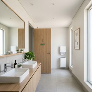 Clean modern workplace restroom with subtle odour control setup and good ventilation