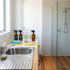 Surface-by-surface cleaning products laid out in a Sydney home showing stainless steel, glass, tiles and timber.