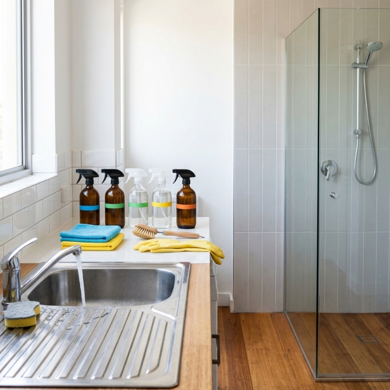 Surface-by-surface cleaning products laid out in a Sydney home showing stainless steel, glass, tiles and timber.