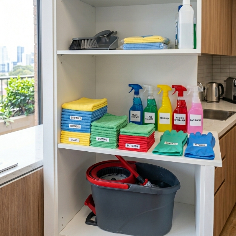 Organised cleaning kit showing products and cloths for cleaning, sanitising and disinfecting in a Sydney workplace