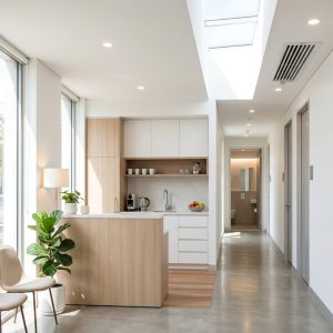 Clean modern workplace with reception, staff kitchen corner and corridor showing good ventilation for odour control