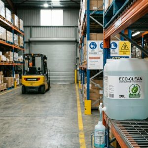Facility manager safely decanting eco-labelled cleaning solution from bulk drum.