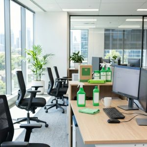 Cleaner applying eco-friendly disinfectant on office desk in Australia 2026.