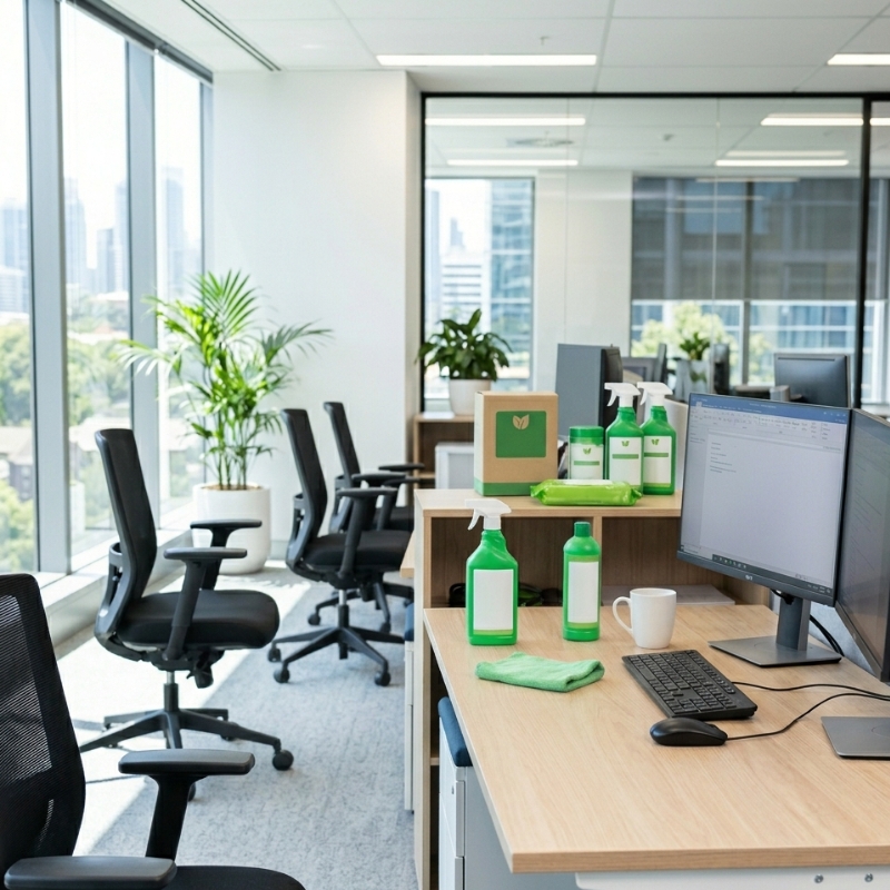 Cleaner applying eco-friendly disinfectant on office desk in Australia 2026.