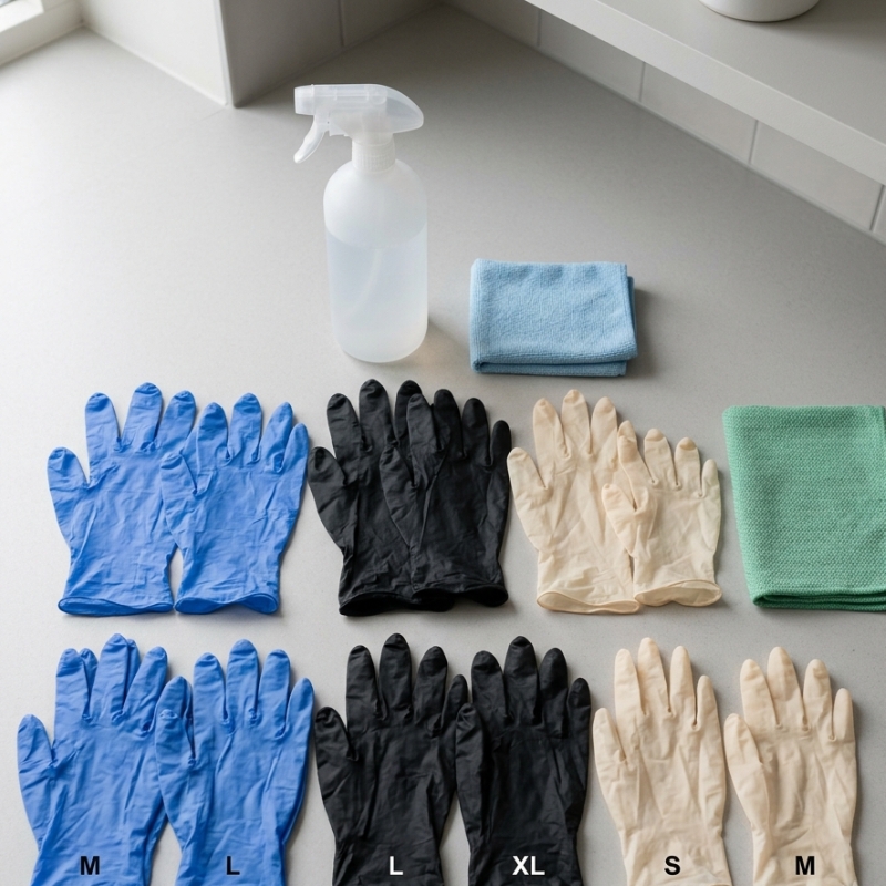 Different sizes and thicknesses of disposable cleaning gloves arranged beside commercial cleaning supplies on a clean surface.