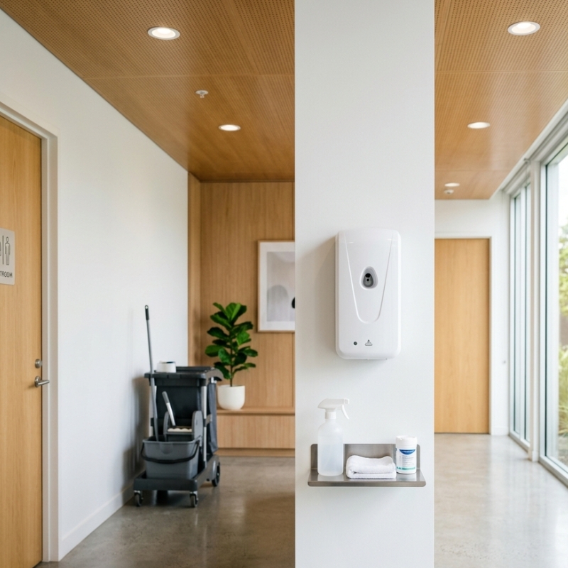 Wall-mounted automatic air freshener dispenser in a clean commercial workplace hallway.