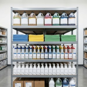 Wholesale cleaning supplies including concentrated cleaners, microfibre cloths and refillable soap systems arranged on storage shelves.