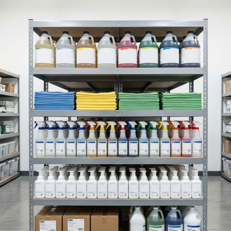 Wholesale cleaning supplies including concentrated cleaners, microfibre cloths and refillable soap systems arranged on storage shelves.