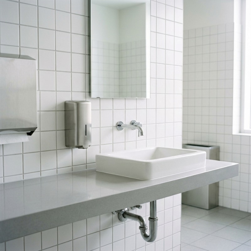 Wall-mounted foaming hand soap dispenser in a clean workplace washroom