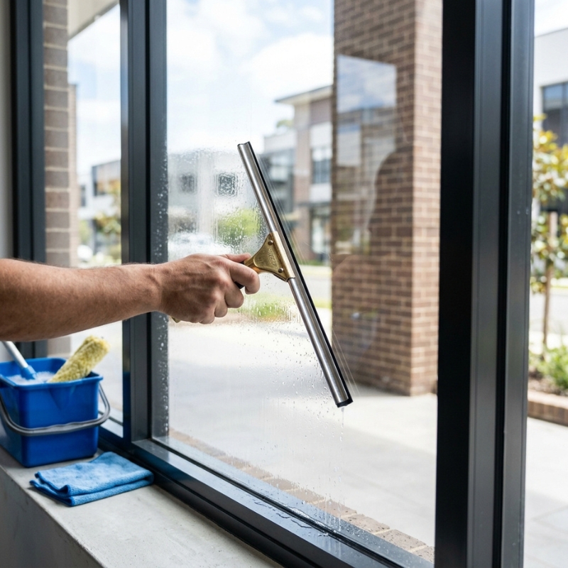 Window squeegee cleaning a large commercial glass window for a streak-free finish