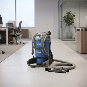 Pacvac Superpro 700 commercial backpack vacuum cleaner with attachments sitting on a modern office floor.