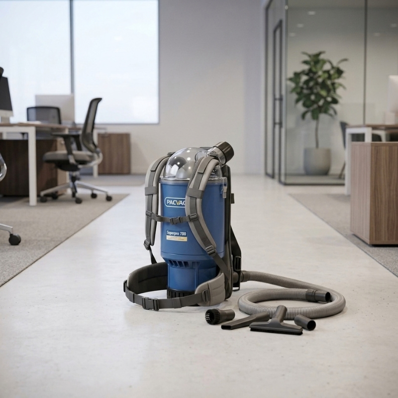 Pacvac Superpro 700 commercial backpack vacuum cleaner with attachments sitting on a modern office floor.