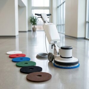 Colour-coded floor pads arranged for different cleaning and polishing jobs