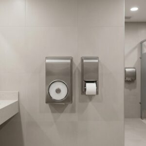 Jumbo and standard toilet roll dispensers in a commercial washroom