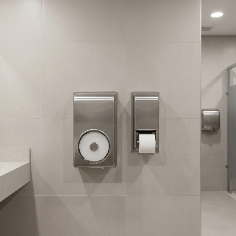 Jumbo and standard toilet roll dispensers in a commercial washroom
